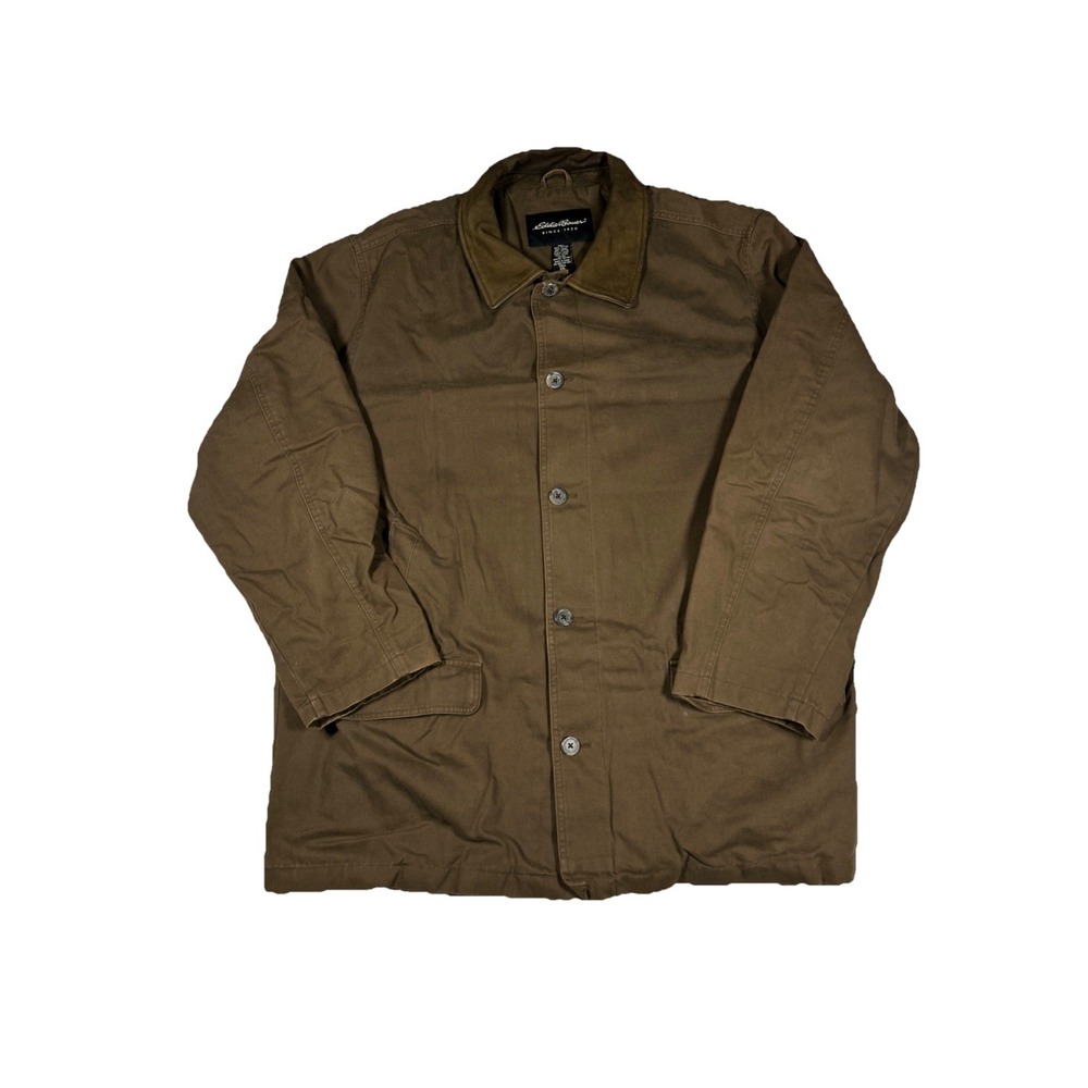 Eddie Bauer Chore Jacket Men 2XL XXL Brown Barn Coat Canvas Leather Trim Work - Picture 1 of 8